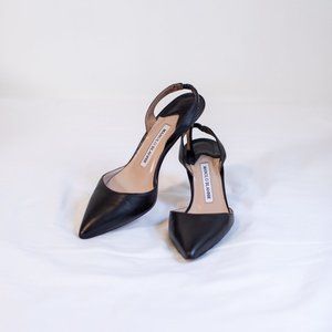 Manolo Blahnik Carolyne Black Leather Mid-Heel 70mm Slingback Pumps